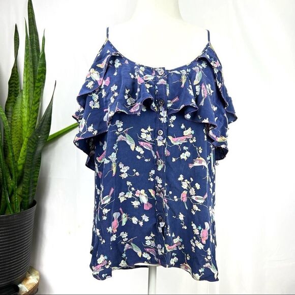 REBECCA TAYLOR Size 4 Silk Spaghetti Strap Top Floral with Ruffle Detail - Picture 9 of 9